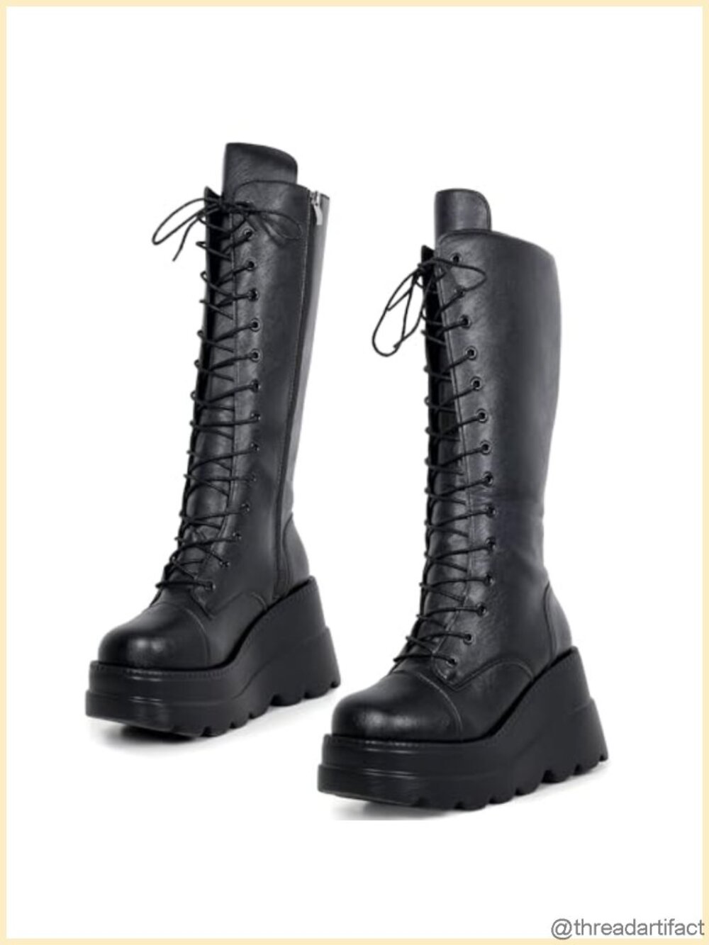 Women's Mid Calf Platform Boots Faux Leather Chunky Heel Lace Up
